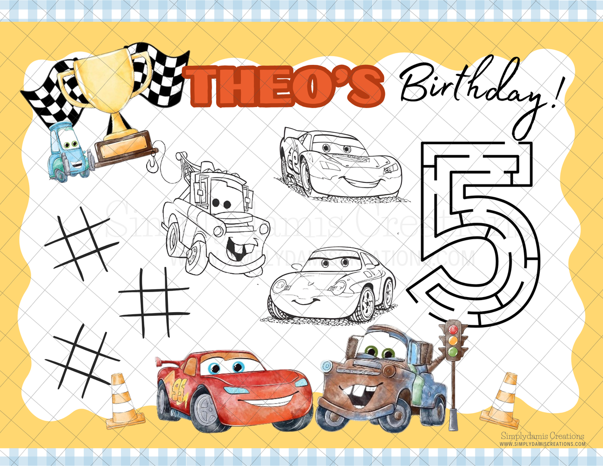 Digital file Cars Birthday Coloring Placemat Digital Download, Coloring Page
