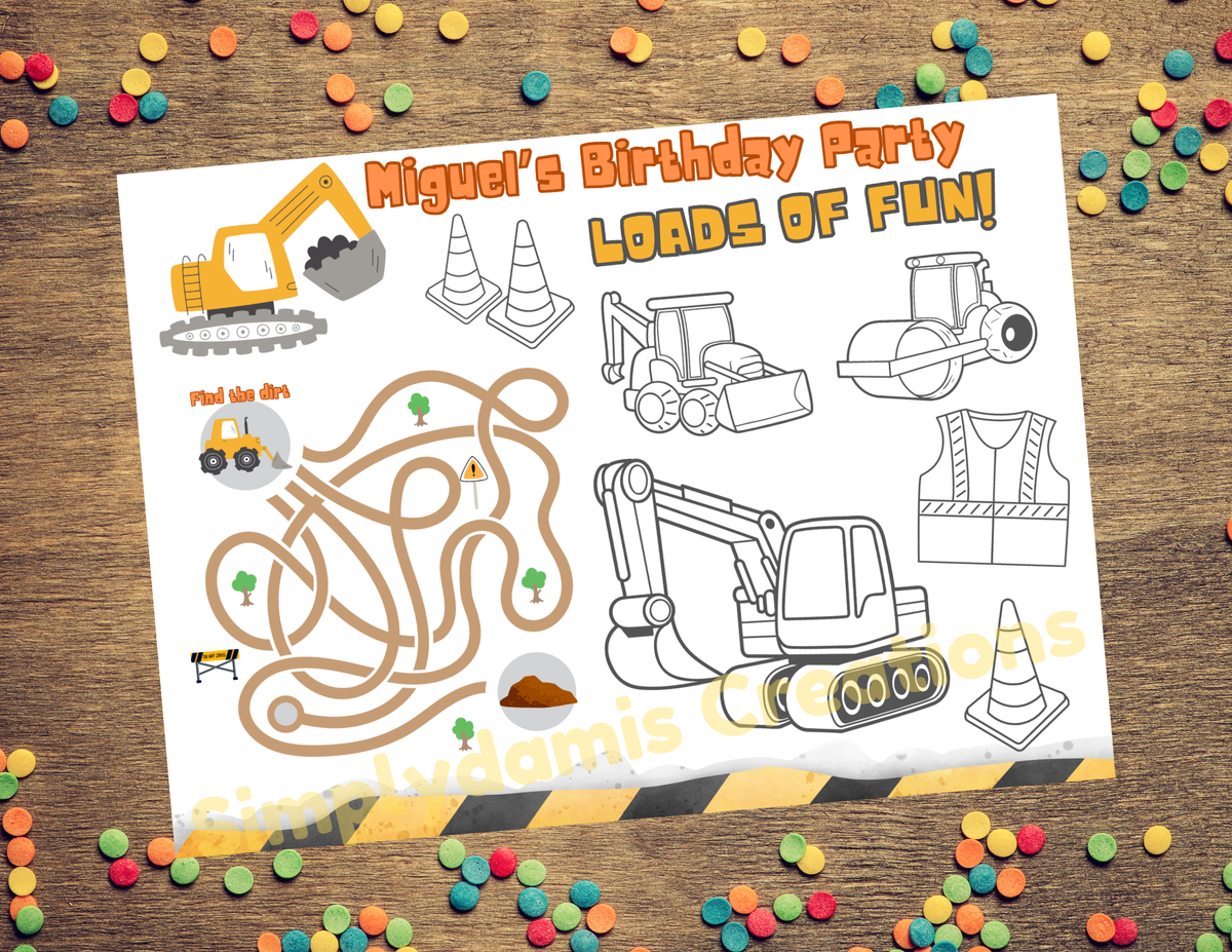 Digital file Construction Coloring Placemat, Digital Download, Coloring Page, Personalized coloring page