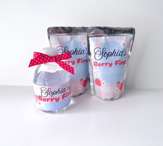 Strawberry Berry First Birthday Water 12 labels