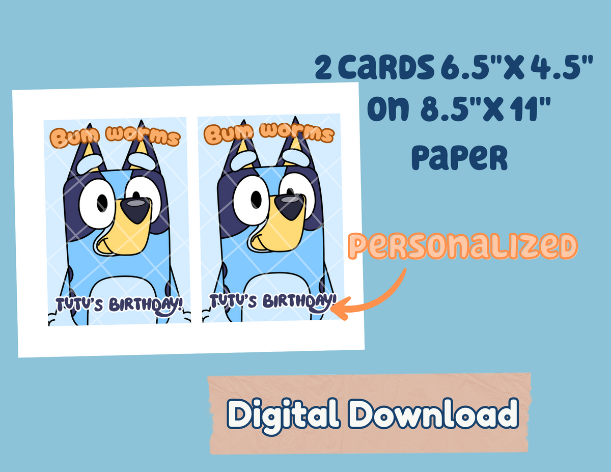 Digital File Bum Worms Party favors Digital Download, Dog Personalized cards
