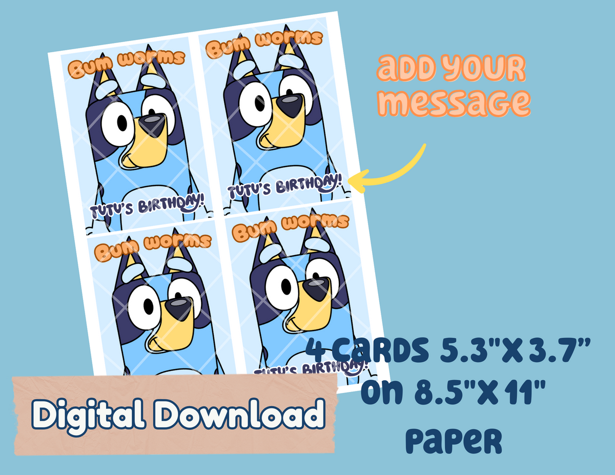 Digital File Bum Worms Party favors Digital Download, Dog Personalized cards